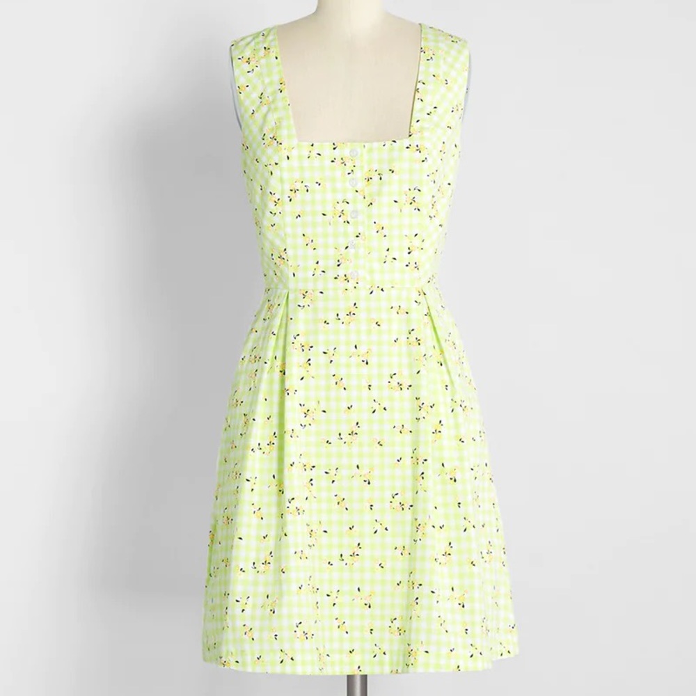 ModCloth Lime green floral gingham dress